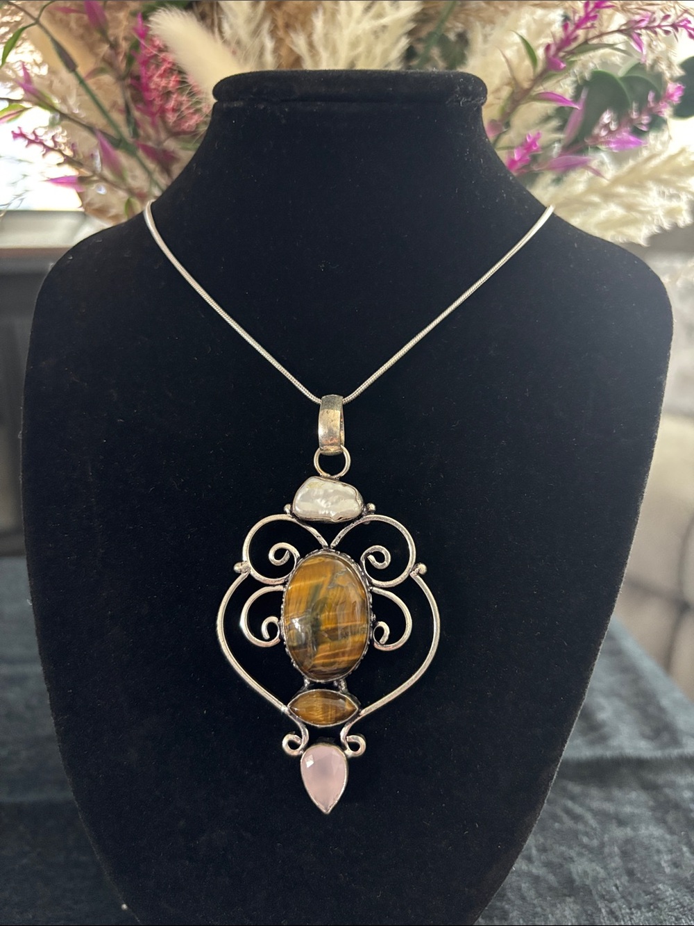 Sterling Silver Tiger Eye Rose Chalcedony Gemstone Necklace